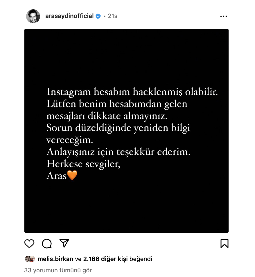 aras aydin instagram sayfasinin hacklendigini belirtti